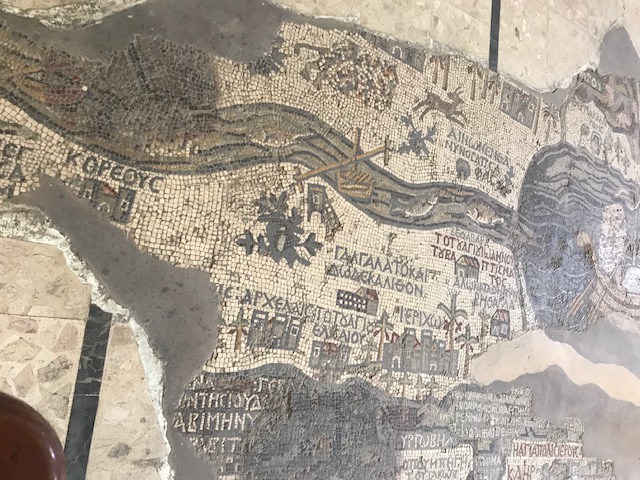 View of the 3500 year old Madaba Artful Mosaic Map on the floor of the Church of St. George.