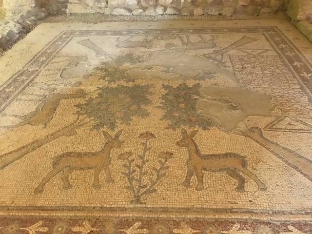 View of beautiful artful mosaics on the floor of the Church of the Apostles in Madaba, Jordan.