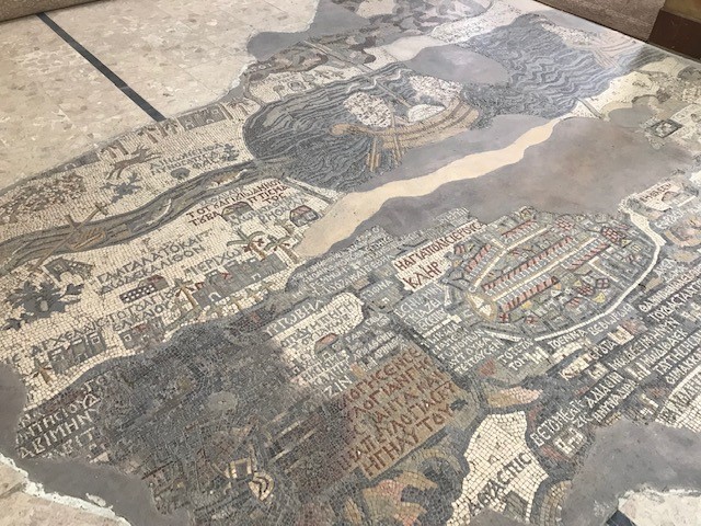View of the artful mosaic Map of Madaba in the Church of St, George.
