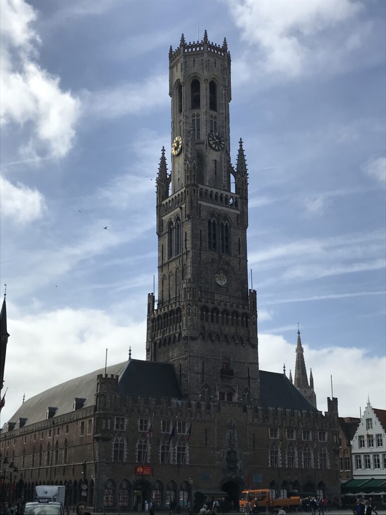 This is a picture of the famous clock tower in Bruges, Belgium.